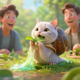 joyful ( ( snailkitten ) ) eating a small delicious looking ( ( leaf ) ), medium shot, radiant slime trail, vibrant, artstations, octane render, by edgar maxence and ross tran and michael whelan, photorealistic anamorphic lens