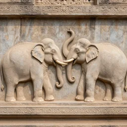 tai and khmer asian elephant duel in the bas - relief sandstone encraving wall, emotional movement, black and white photo, historic, realistic, highly detailed, 1 2 0 0 s,