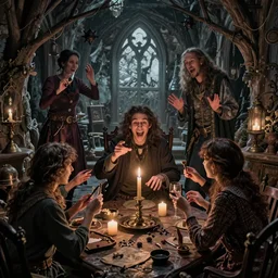 A seance, Extremely Highly detailed, Occult, funny, humorous, humor, hilarious, funny, entertaining, magical, concept art