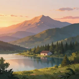 a serene mountain landscape with a singular building near a lake at sunset anime style 8k low saturation high quality high detail cartoon