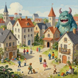 very detailed painting of tiny people and monster town in wimmelbilder style
