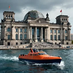 reichstag building destroyed by tsunami, underwater berlin, lifeboat crossing streets, hyperdetailed, artstation, cgsociety, 8 k