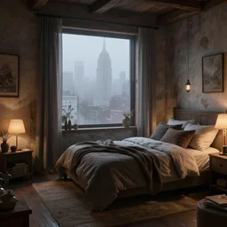 cozy rustic bedroom with a night view of new york in heavy mist, highly detailed, artstation, concept art