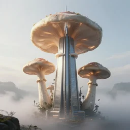 Matte painting of a futuristic skyscraper in the shape of a mushroom from a foggy ground. Fantastical, elaborate, dynamic light, detailed digital art trending in artstation