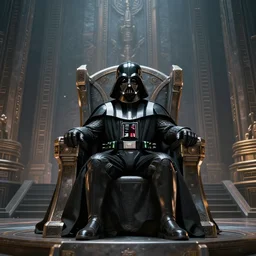 highly detailed portrait of a darth vader sitting alone on a metal throne atthe huge massive temple, unreal engine, fantasy art by greg rutkowski, cinematic, establishing shot, art station