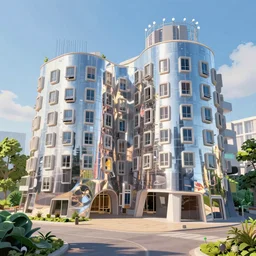 highly detailed futuristic architecture by Frank Gehry and Le Corbusier, in the style of pixar animation, floating buildings, reflective lighting, empty streetscapes, surrounded by lush green vegetation, ground-level view, puddles of water, stunning sunny lighting, sunrise, vivid colors, trending on Artstation, 8k, ray tracing, hyper detailed, unreal engine 5, cinematic, epic lighting, cryengine, octane render, cyberpunk, red and orange glow, vibrant