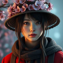 a portrait of a female wearing a hat with sakura on top, hyper detailed, digital art, trending in artstation, cinematic lighting, studio quality, smooth render, unreal engine 5 rendered, octane rendered, art style by klimt and nixeu and ian sprigger and wlop and krenz cushart