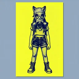 detailed grainy risograph, full body portrait, an girl from wolf street gang using grey bandana and wolf gasmask, vivid colors, vintage, full yellow border color!!!, nvidia geforce rtx 3 0 9 0 ti directx 1 2. 0 0 rendered, 6 0 0 mm, 8 k, by moebius and lehr paul and kim jung gi