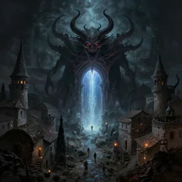 a demonic magical ethereal portal to hell. in a medieval fantasy mediterranean town. dark fantasy matte painting by eddie mendoza