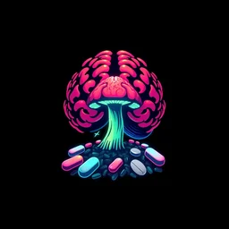 awesome logo of a brain and mushroom and pills with dank techno. synthwave colours. in the style of spirited away, hyperrealism, lush detail, award winning, trending on behance