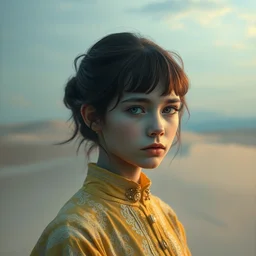 portrait of a beautiful girl, sea dunes backdrop, sad, pastel shades of light blue and light yellow, beautiful face, rule of thirds, intricate outfit, spotlight, by greg rutkowski, by jeremy mann, by francoise nielly, by van gogh, by rineke dijkstra, digital painting