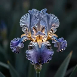 a cybernetic iris flower, metallic, steel, glowing