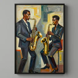 abstract art poster of jazz musicians in the style of Stuart Davis, matte illustration, texture,