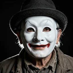 high contrast studio close - up portrait of a wrinkled old man wearing a pulcinella mask, clear eyes looking into camera, baggy clothing and hat, backlit, dark mood, nikon, photo by jimmy nelson, masterpiece