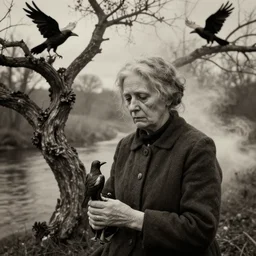 photographic old sad lady portrait antique puppet crows, twisted trees, rivers of smoke