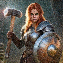 dwarven woman, ginger hair, green eyes, holding hammer and shield with plate armour ultra realistic , lens flare, atmosphere, glow, detailed, intricate, full of colour, cinematic lighting, trending on artstation, 4k, hyperrealistic, focused, extreme details, unreal engine 5, cinematic, masterpiece