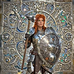 dwarven woman, ginger hair, green eyes, holding hammer and shield with plate armour ultra realistic , lens flare, atmosphere, glow, detailed, intricate, full of colour, cinematic lighting, trending on artstation, 4k, hyperrealistic, focused, extreme details, unreal engine 5, cinematic, masterpiece