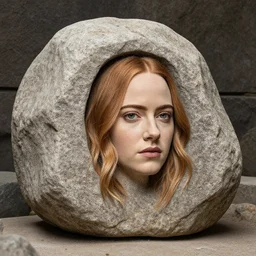 big rock solid stone with the emerging face of emma stone buried inside the big stone solid rock