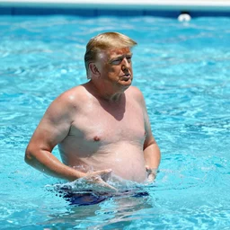 Donald trump with a pregnant belly going for a swim in a pool