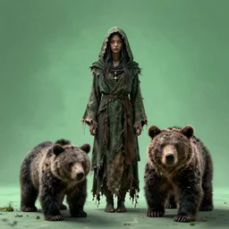 character and environment design, portrait 2 0 - year - old dark fantasy female druid, tattered hood and robe, infested bear pet, medium shot, wide angle, green light, zeiss 3 5 mm photography