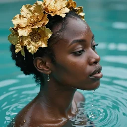 hyperrealistic precisionist cinematic profile very expressive! black oshun goddess, in water! up to shoulders, mirror dripping droplet!, gold flowers, highly detailed face, digital art masterpiece, smooth eric zener cam de leon, dramatic pearlescent turquoise light on one side, high angle uhd 8 k, shallow depth of field