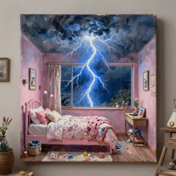 classic oil painting, wide shot of a blue massive lightning strike, inside of a pink bedroom, as a book cover illustration, desaturated, thunderstorm, clutter, cottagecore, intricately detailed, comfy, readability, concept art, sharp focus, art by brothers hildebrandt