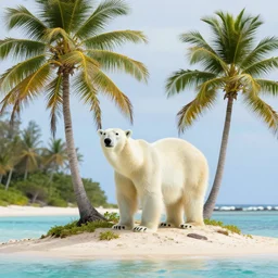 a photo of a really skinny polar bear on a tiny pacific island, beautiful desert island with coconut trees, ultra detailed, 50mm f/1.4, national geographic