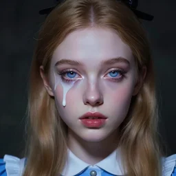 lazy eye melting hyper realistic photograph of pretty girl, lighting alice in wonderland, dj sura face, art, ilya kuvshinov
