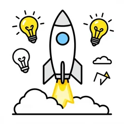 outline graphic illustration of a rocket being loaded with digital ideas as rocket fuel. Done in the style of dribble illustrations for websites. Black, white and yellow