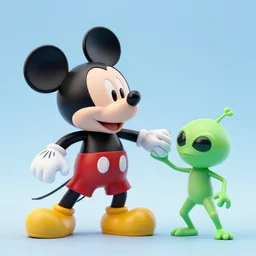 a plastic mickey mouse toy attacking an alien,