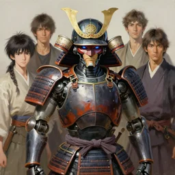 a samurai robot mascot character posing for a picture, digital painting, masterpiece by rembrandt and thomas kinkade and frank frazetta and kentaro miura, by reiq and tite kubo, stylized yet realistic faces and anatomy, advanced lighting technology, beautiful, gorgeous brush strokes