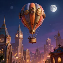 a stunning fantasy scene of a steampunk hot - air balloon flying over an art deco city with a clock - tower | highly detailed | very intricate | disney pixar | steampunk | dramatic romantic epic breathtaking whimsical magical | bokeh moon stars | professional cinematic lighting | artdeco | painted by beeple and rhads and donato giancola | bold color palette | featured on artstation