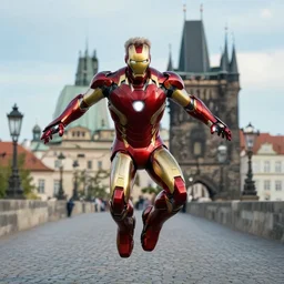 richard gere plays iron man flies over charles bridge in prague, epic scene from marvel movie, movie still