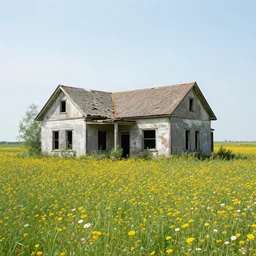 abandoned house in the middle of a flower field
