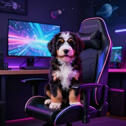 a cute bernedoodle puppy sitting in gaming chair + neon rgb light strips, large computer monitor, space themed walls, vaporwave, dramatic, confident, rule of thirds, 4 k, award winning, octane render, volumetric lighting