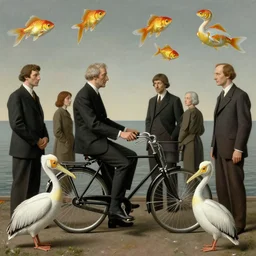group of people talking surrounded by a bicycle, pelicans and floating goldfish by rene magritte, high resolution, highly detailed, hyper realistic