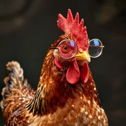 a portrait of a very handsome!!! chicken with small fashionable!!! glasses!!! Staring at the camera!!!