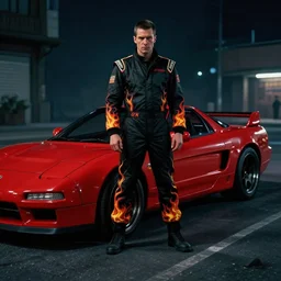 Bladerunner 2049 intimidating street racer standing next to his red car wearing black fire suit race suit night time Bladerunner 2049 RTX 45mm wide angle photo RX7 NSX G-TR cinematic movie still aesthetic