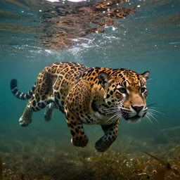 photo of jaguar cat swimming underwater in the amazon, in the style of national geographic