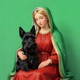 blonde madonna in a red dress. a completely black scottish terrier on her lap. green with a gold filigree background. art nouveau. masterful, detailed drawing