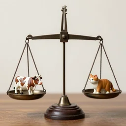 set of balance scales with weights measuring weight of cow figurine and cat figurine, libra