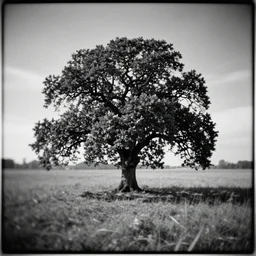 lonely tree of oak, on the field, lomography, analogue photo quality, monochrome, blur, unfocus, 35mm