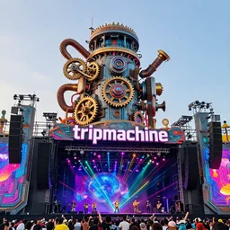 an outdoor festival stage, text tripmachine, center of the stage is a big futuristic steampunk generator with gears and belts and tubes, surrounded by big cyberpunk speaker towers, rock musicians on the stage, laser show, 8 k, fluorescent colors, halluzinogenic, multicolored, exaggerated detailed, unreal engine