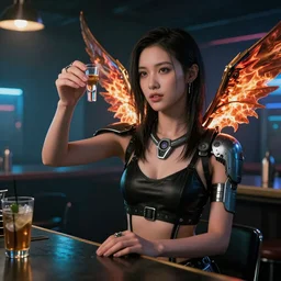 cyberpunk firefly winged girl in a cyberpunk bar taking shot, inspired by alita and body augmentation technology