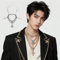 a character model design of a handsome and flirtatious young man wearing excessive jewelry in an ornate and elegant way