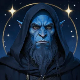 centralized head - on character portrait, blue - skin handsome orc sage, dark hood, stars and night background, alphonse mucha, rhads, ross tran, artstation, artgerm, octane render, 1 6 k