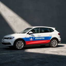 Yugo car in white blue and red colors with text that says slovenia