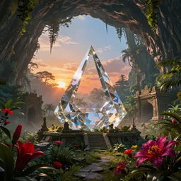 a crystal tetrahedron!!! in the middle of ancient ruins in a lush prehistoric jungle, inside a humongous cave, red and magenta flowers, sunset, godrays, orange and blue sky, haze, volumetric lighting, a high - quality render, photorealistic, unreal engine 5