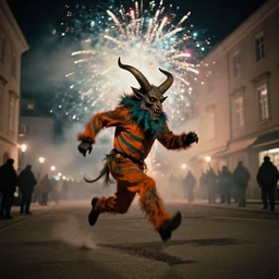 kodak portra 4 0 0, 5 0 0 mm tele lens, f 1. 2, long exposure time, award winning dynamic vivid atmospheric photograph of running chasing jumping hazardous krampus, by robert capas, in muted colours, striped orange and teal, motion blur, on a street in salzburg at night with colourful exploding pyro firework and torches, fog