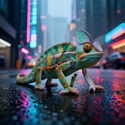 a high quality low wide angle photo of a chameleon on the streets of a cyberpunk city, rainy, reflective ground, neon lights, realism, 8k
